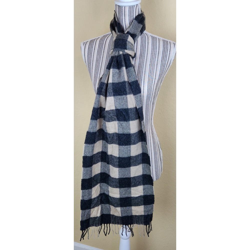 Abercrombie Fitch Plaid Scarf Black Cream Fringe Wool Blend Cozy Winter Warm